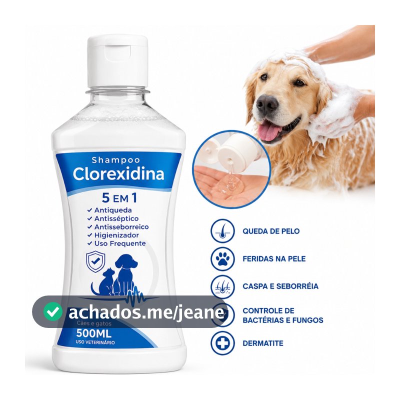 Shampoo Clorexidina 5 em 1 500ml Cães Gatos Dermatológico Antisséptico Banho Pet Antifúngico