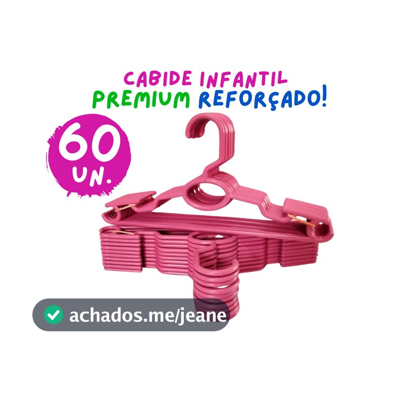 Kit 60 Cabides Infantil Bebê Baby Reforçado Rosa Plástico Cruzeta Roupa Resistente Premium