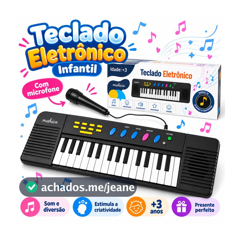 Teclado Infantil 32 Teclas Com Microfone Karaokê Brinquedo Presente Crianças Musical Educativo Cor Preto