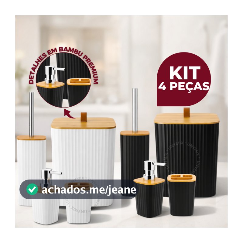 Kit Banheiro Quadrado em Bambu com Lixeira Luxo e Puxador de Couro
