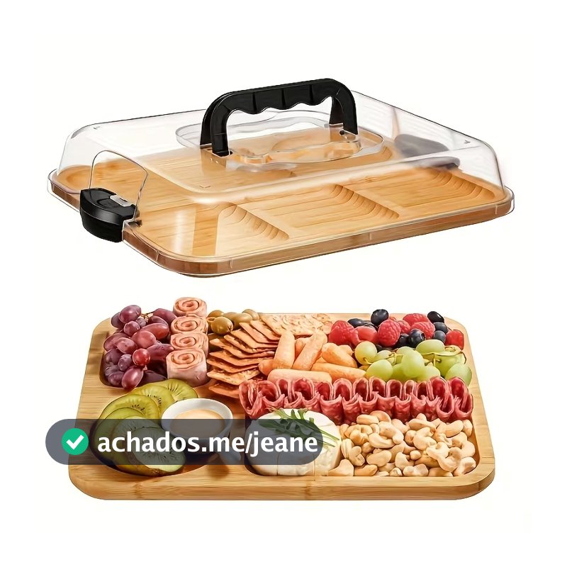 Bandeja de Bambu com Tampa e Travas, Tábua Multiuso para Servir Frios, Queijos e Petiscos, Ideal para Geladeira