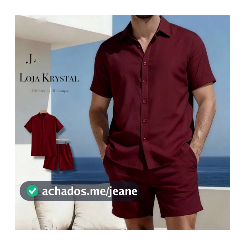 LK Conjunto Masculino Camisa Botão e Shorts Mauricinho Crepinho P M G GG
