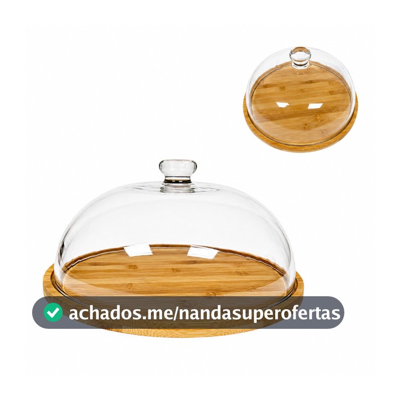 Porta Bolos Boleira Tampa de Vidro C/ Base em Madeira 29cm