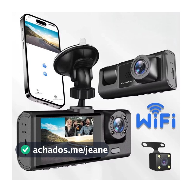Câmera Veicular Full HD 1080p 3 Lentes (Frontal + Interna + Traseira) com Tela LCD | DVR Automotivo com Visão Noturna