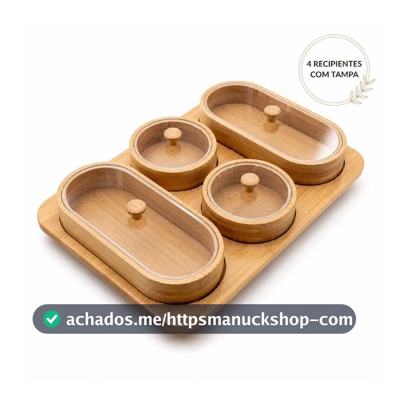Conjunto Petisqueiras de Bambu Potes com Tampa e Bandeja