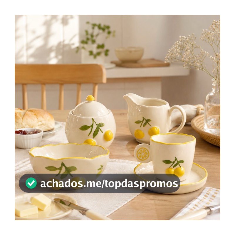 Peças Limoncello 3D de Porcelana Mesa Posta — Bowl; Xícara Com Pires; Leiteira e Açucareiro Com Design Limão Siciliano