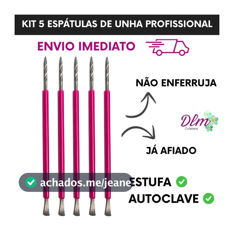 Kit 05 Espátulas - Bastão Mista Unha Inox ROSA Com Silicone Manicure Slim