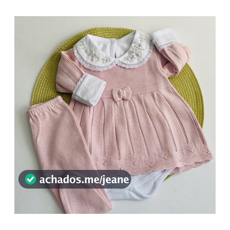 Vestido Tricot Alice RN bebê + body rococó bordados a mão