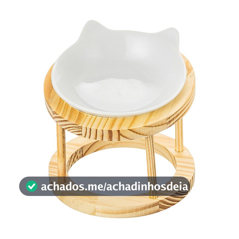 Comedouro Elevado para Gatos 320ml Porcelana Madeira Pinus Ergonômico