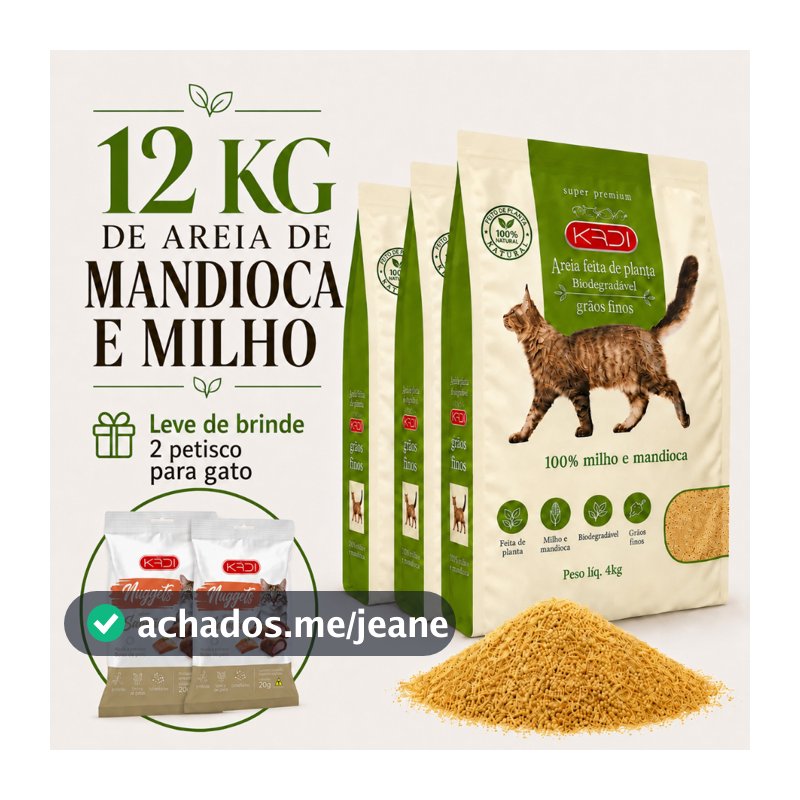 Areia Higiênica Natural Biodegradável de Grãos Finos de Milho e Mandioca para Gatos Kadi 12 kg