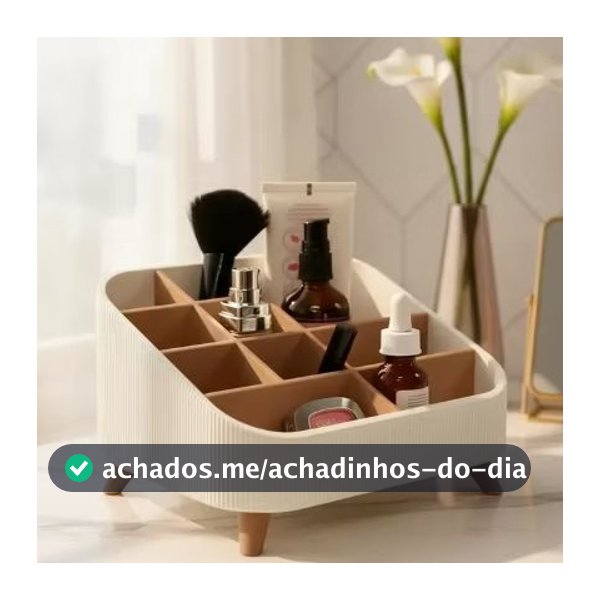 Organizador de Maquiagem com Divisórias Penteadeira Porta Pincel Batom Skincare Pés Madeira Bege Branco Preto