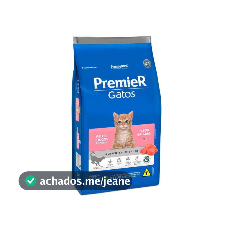 Ração Premier Ambientes Internos Gatos Filhotes Pelos Longos Sabor Salmão 7,5kg