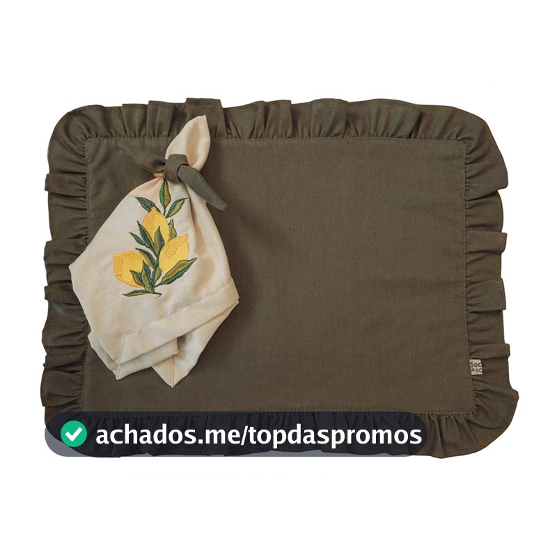 Kit Lugar Americano Linho Verde com Babado + Guardanapo Bordado Limão Siciliano