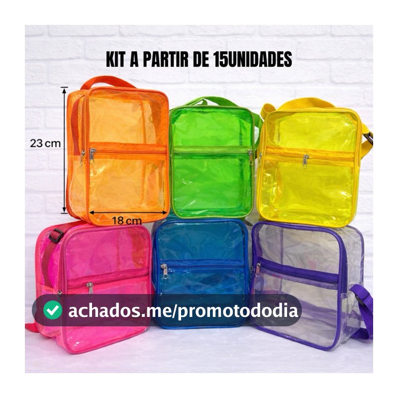 KIT COM 15 20 25 30 35 40 45 50 55 60 - MOCHILAS com ZÍPER e Alça regulável Feita em Plástico Cristal