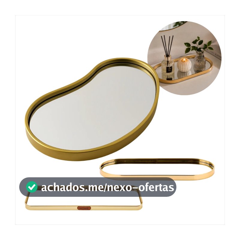 Bandeja Decorativa Moderna com Borda Dourada ou Preta e Base Espelhada em Vidro