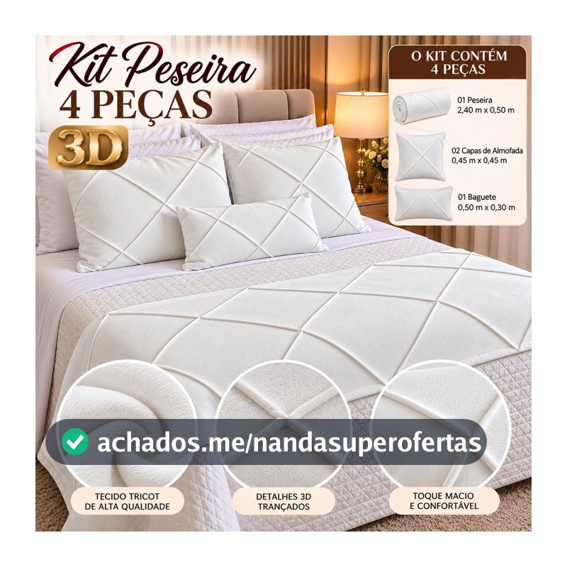 Kit Peseira  Luxo 3D Trançada + 2 Capas de Almofadas Cama Sofá Decorativa
