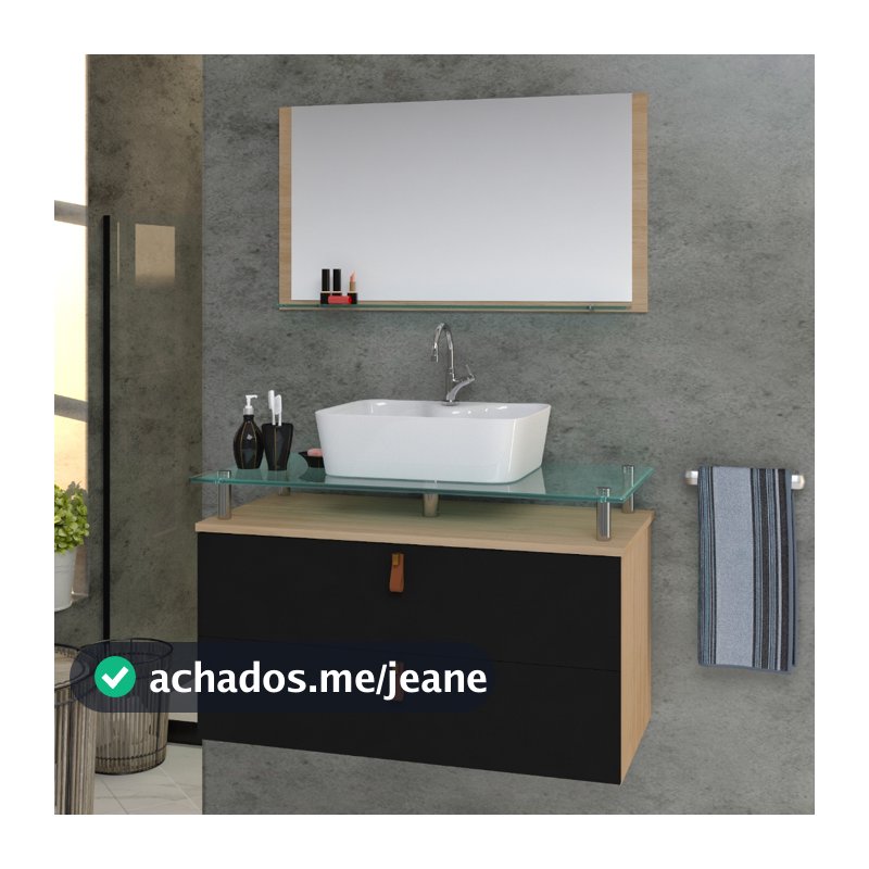 Conjunto Gabinete Banheiro Toquio 60cm MDF + Espelheira + Cuba + tampo de vidro temperado