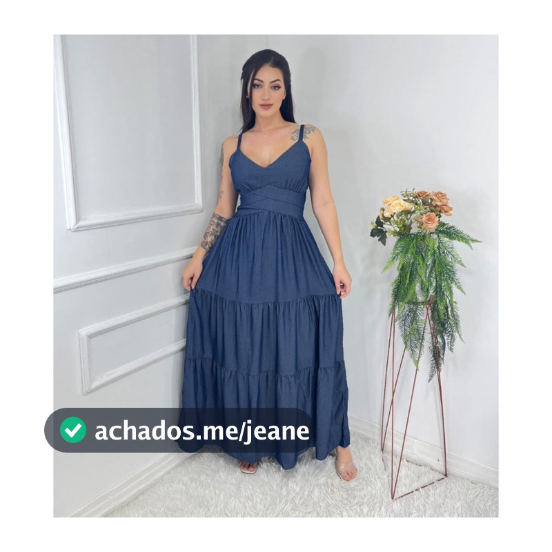 Vestido longo luxo chambray imitação jeans de alça detalhes na cintura