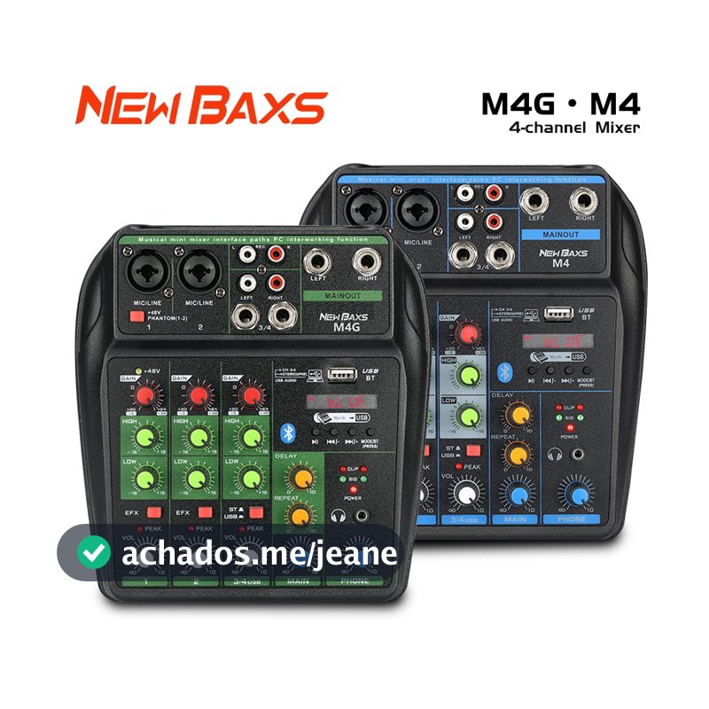 Mesa de Som NEW BAXS M4/M4G | 4 Canais | Bluetooth | Entrada USB | MP3 Player | Portátil para Karaokê e Eventos