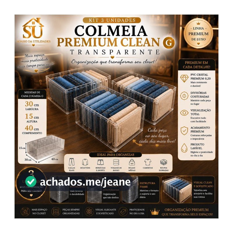 Kit 3 Colmeias Organizadoras Premium Clean Transparente Plus G PVC Cristal 0,20 Costurada Jeans