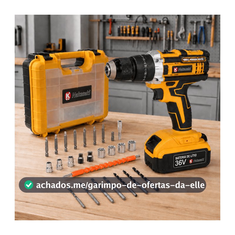 Parafusadeira e Furadeira de Impacto Profissional 36V Sem Fio Mandril 13mm Nakasaki Com Maleta
