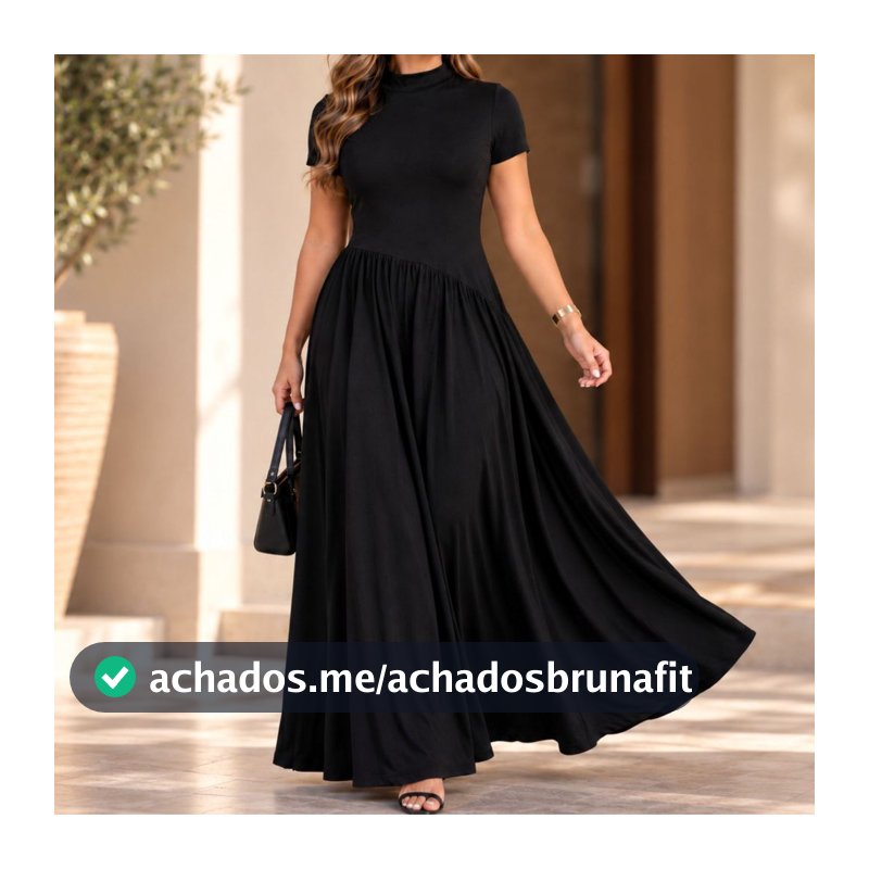 Vestido Longo Feminino Gola Alta Manga Curta Saia Ampla Tecido Suede Elegante 38 ao 44
