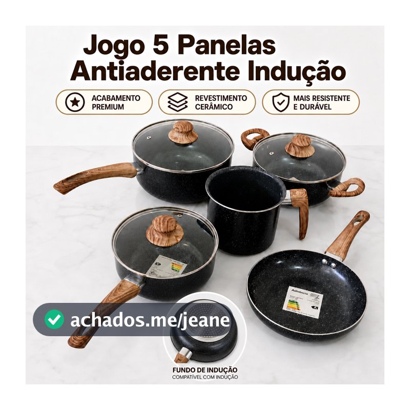 Jogo 5 Panelas Cerâmica Indução Antiaderente Tampa Vidro