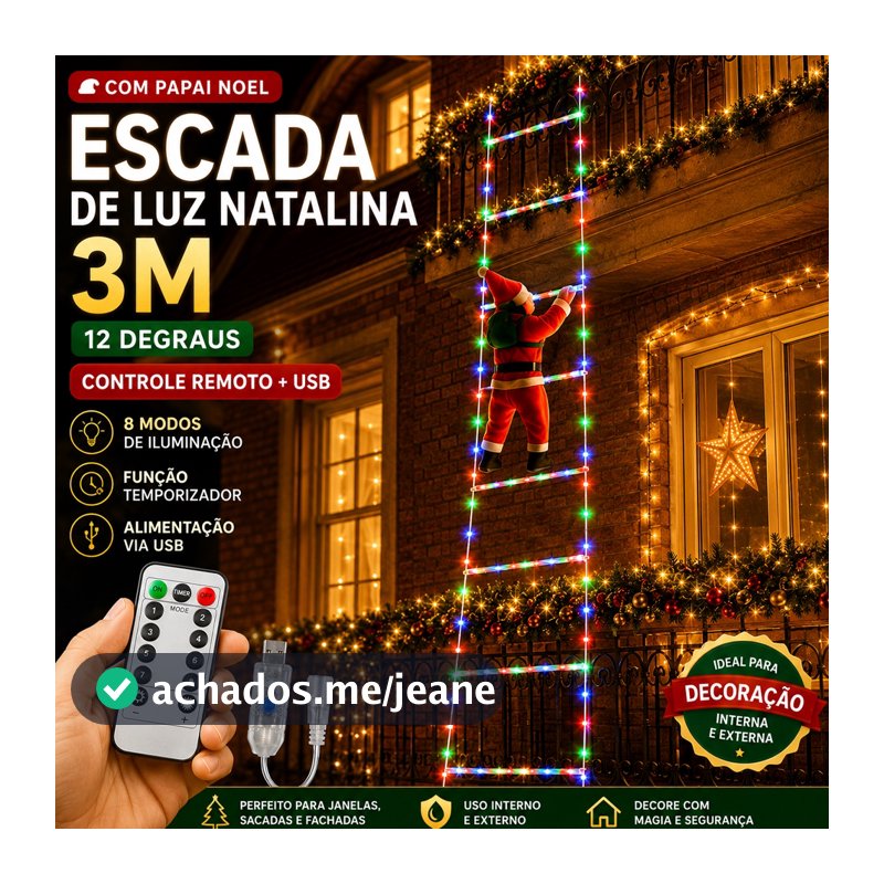 Back Field LED de Papai Noel Luzes Subindo Escadas RGB 3,00 Metros 3 Opções de Cores