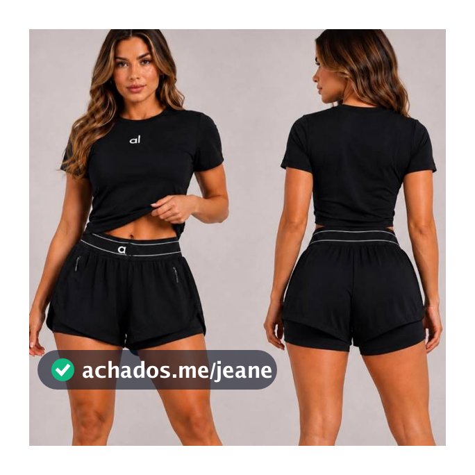 Conjunto Fitness Feminino Poliamida Camiseta Baby Look E Short Duplo TZ906