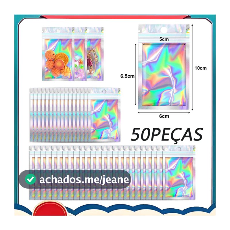 Saco holográfico transparente com zíper 50 unidades