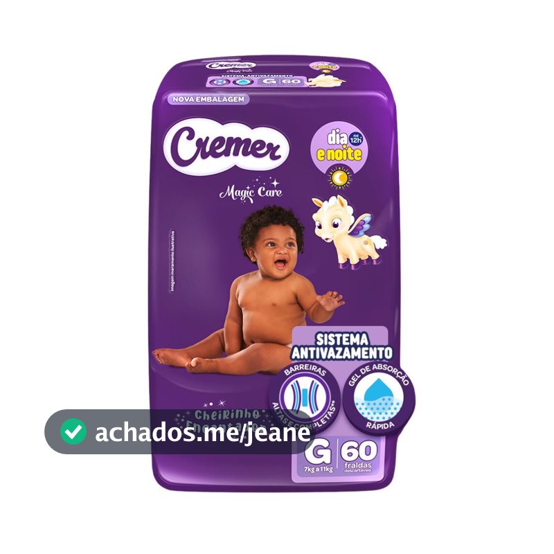 Fralda Cremer Magic Care Tamanho G Pacote Hiper com 60 Fraldas Descartáveis