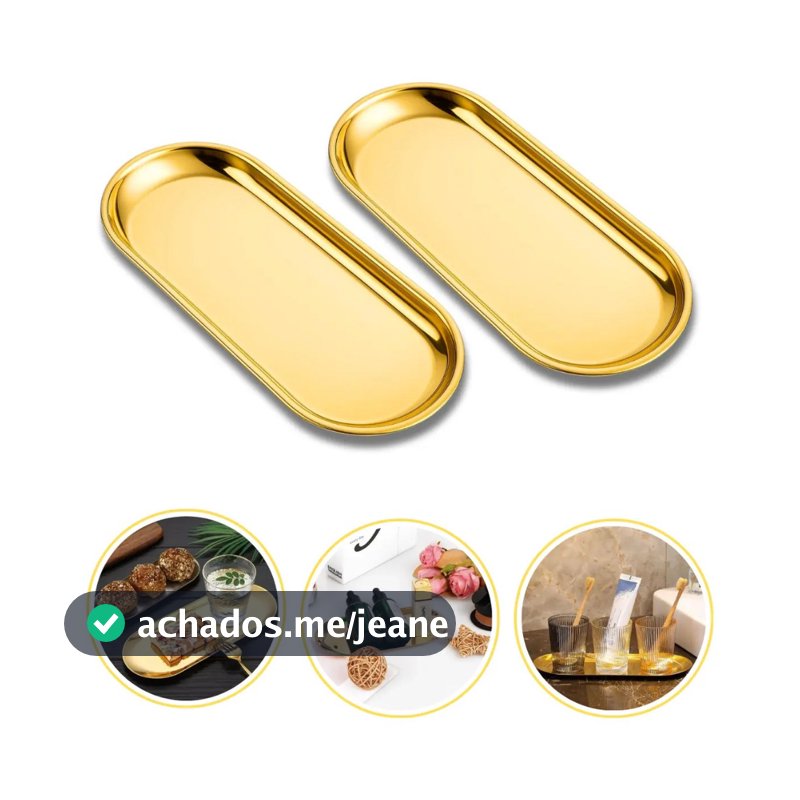 kit 2 Bandejas decorativa de luxo em aço inoxidável para joias e alimentos, cor dourada.