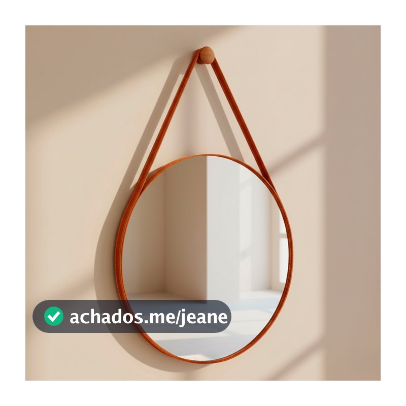 Espelho Decorativo Redondo Banheiro + Suporte de Parede 60cm Adnet Suspenso C/ Alça em Couro