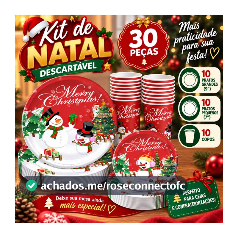Kit Natal 30 Peças Pratos 7 e 9 Pol Copos Boneco de Neve Festa