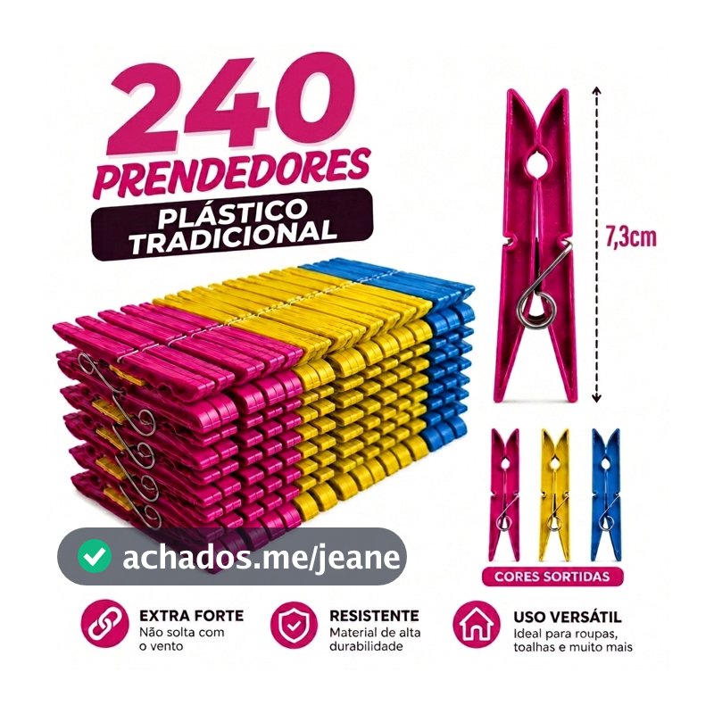 Pregadores de Roupa PLÁSTICO Mega Reforçado - Cores Sortidas Kit com 240 / 180 / 120 / 72 / 60
