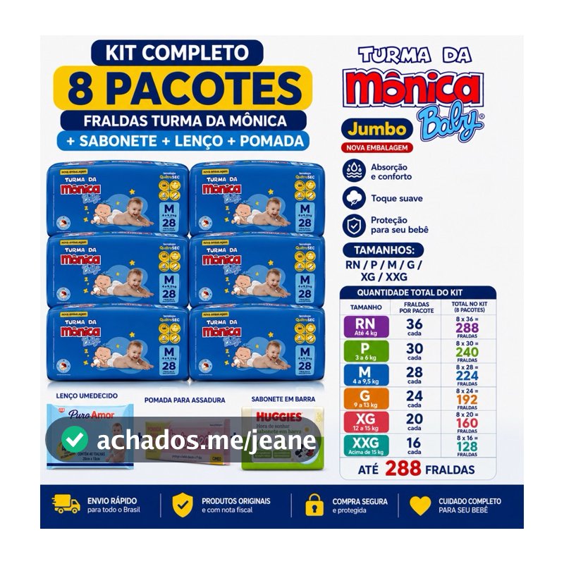 Kit 8 Pacotes Frauda Fralda Descartáveis Chá Turma Da Mônica + Lenço Umedecido + Sabonete