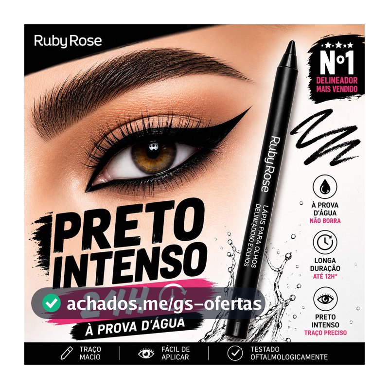Lápis Delineador Ruby Rose Preto Intenso À Prova D'Água Longa Duração Carbon Black