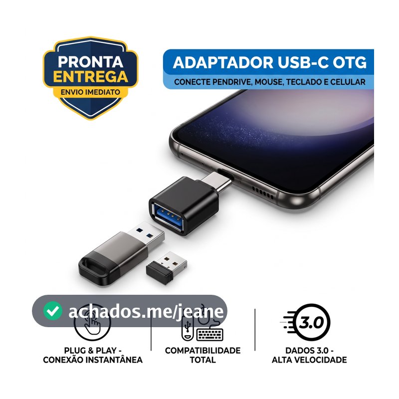 Adaptador OTG USB-C Tipo C para USB 3.0 Conector Fêmea para Celular Pendrive Mouse Teclado Tablet Notebook Plug and Play