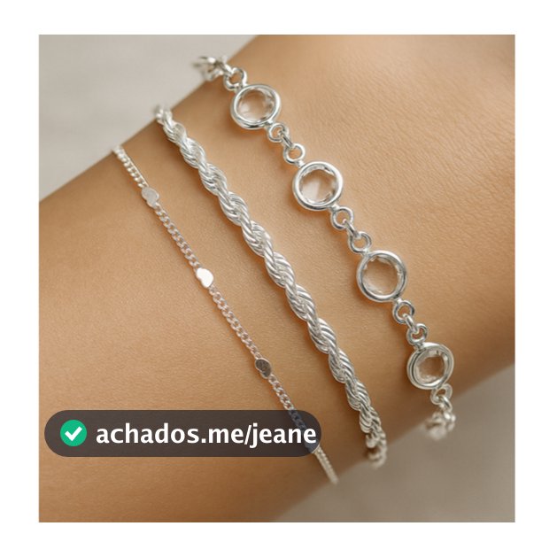 Kit 3 Pulseiras Prata 925 Pulseira de coração + Cordão Baiano + Pulseira Feminina de pedrinhas transparentes