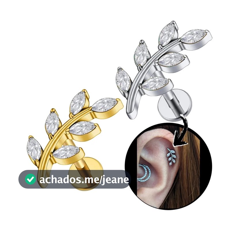 Kit 2 Unidades Piercing Folha com pedra zircônia Hélix Flat