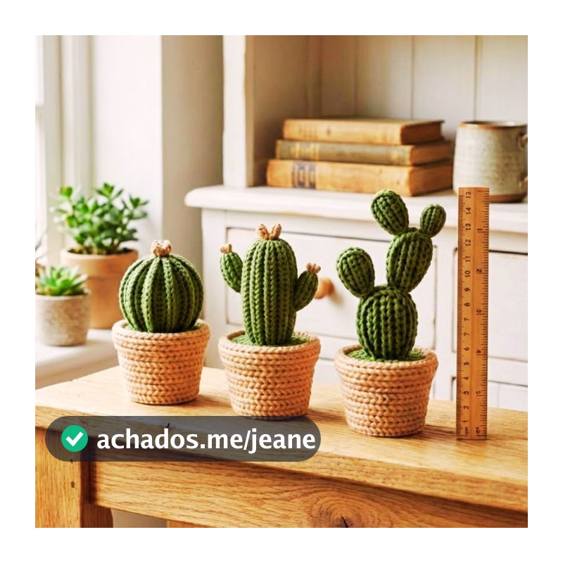 Kit 3 Cactos decoração Efeito Tricô 3D com Vaso | Decoração para Sala Minimalista Escritório envio imediato