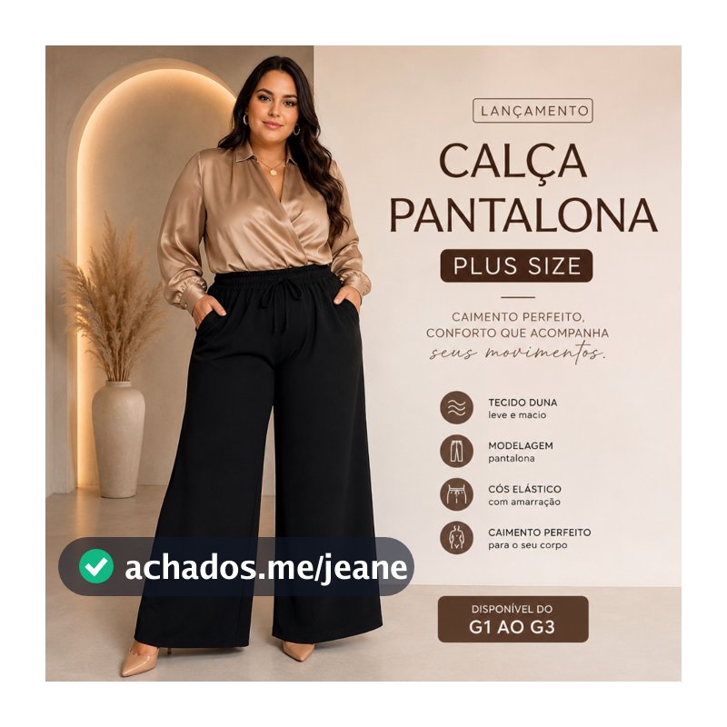 Calça Pantalona Plus Size Preta Feminina Elástico Na Cintura Tecido Duna