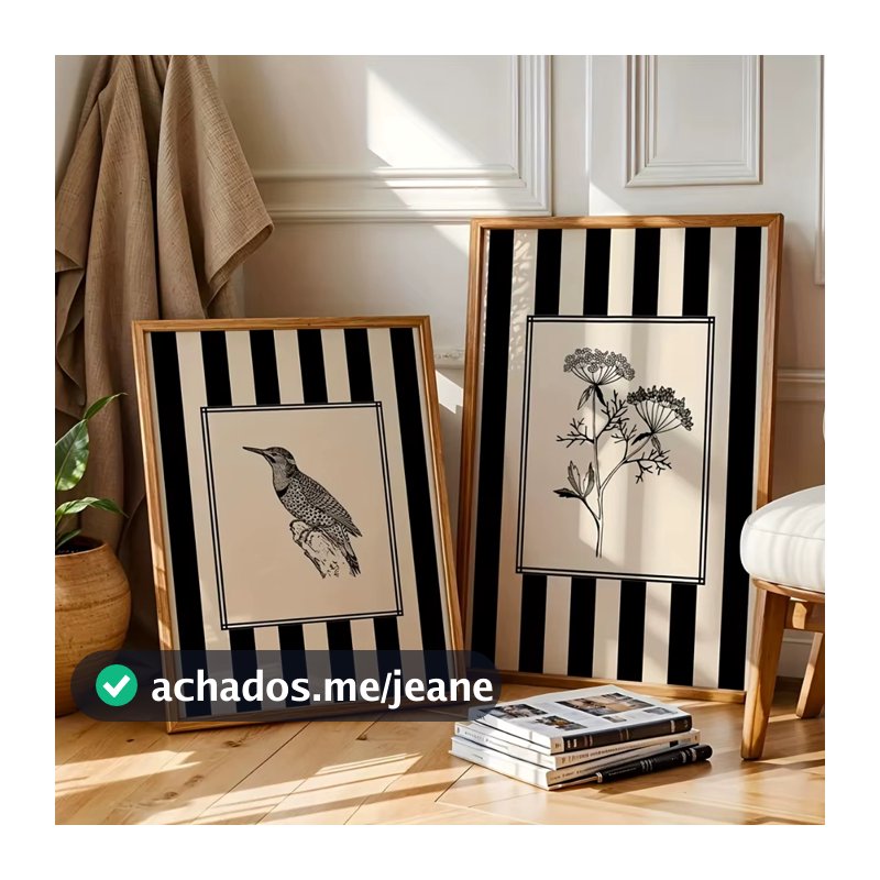 Quadro Decorativo Duas Peças Pássaros e Flores Desenho Minimalista Natureza
