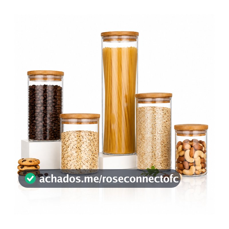 Kit Potes Mantimentos Vidro Herméticos Com Tampa Bambu Alta Resistência Epsilon Transparente