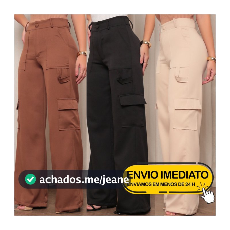 Calça Social Feminina Modelo Pantalona Alfaiataria Cargo Wide Leg Calsa Luxo Blogueira Moda