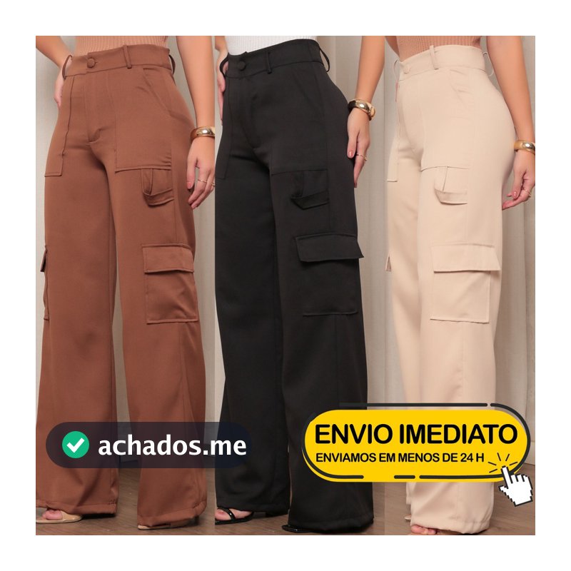 Calça Social Feminina Modelo Pantalona Alfaiataria Cargo Wide Leg Calsa Luxo Blogueira Moda