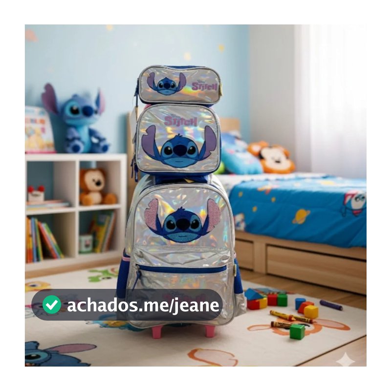 Kit Mochila Rodinha Stitch Holográfica Completo Infantil