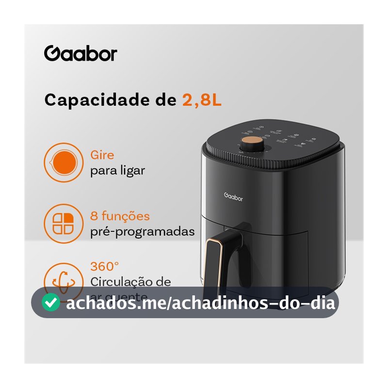 Gaabor Air Fryer 2,8L 800W 360° Ar Quente Timer 60 Min 200°C Antiaderente Sem BPA 8 Menus AF-35M02A
