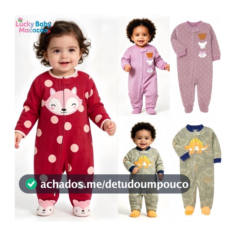 Lucky Baby Macaquinho Bebê Fleece Quentinho Estampado Zíper Manga Longa Pijama Outono Inverno 0-12M