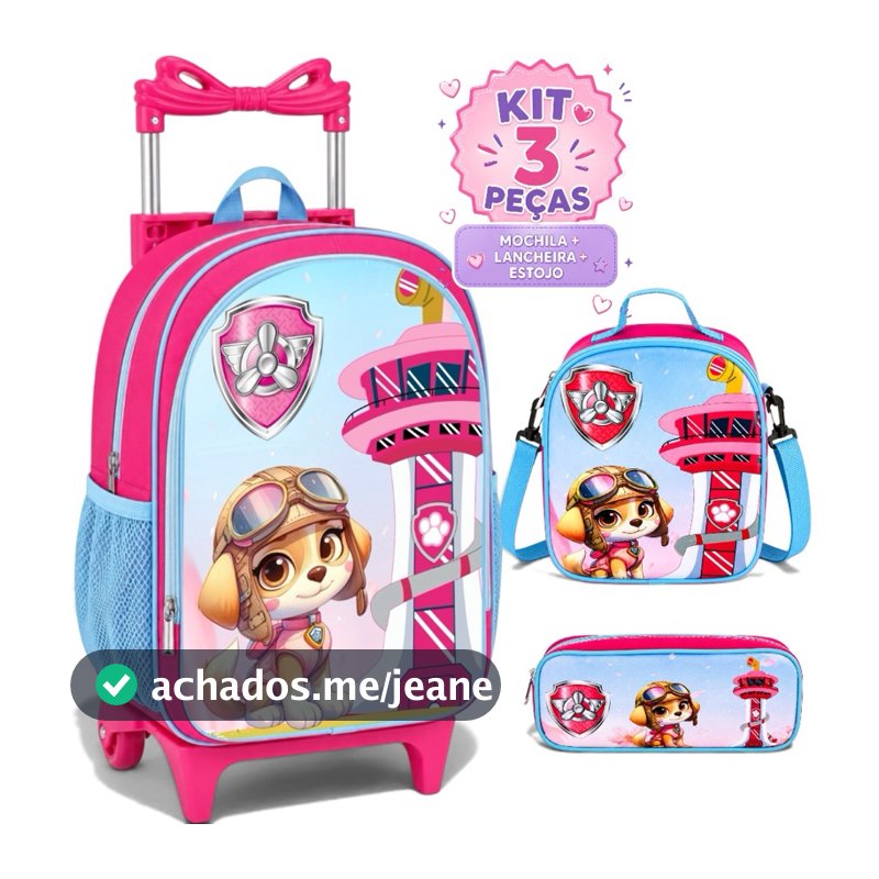 Kit Escolar Rodinha Skye Patrulha canina Mochila Forro Interno Lancheira Térmica + Estojo - Resistente